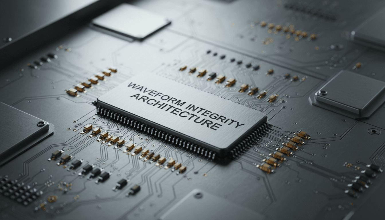 Close-up of precision hardware component showing circuit traces and waveform integrity circuitry