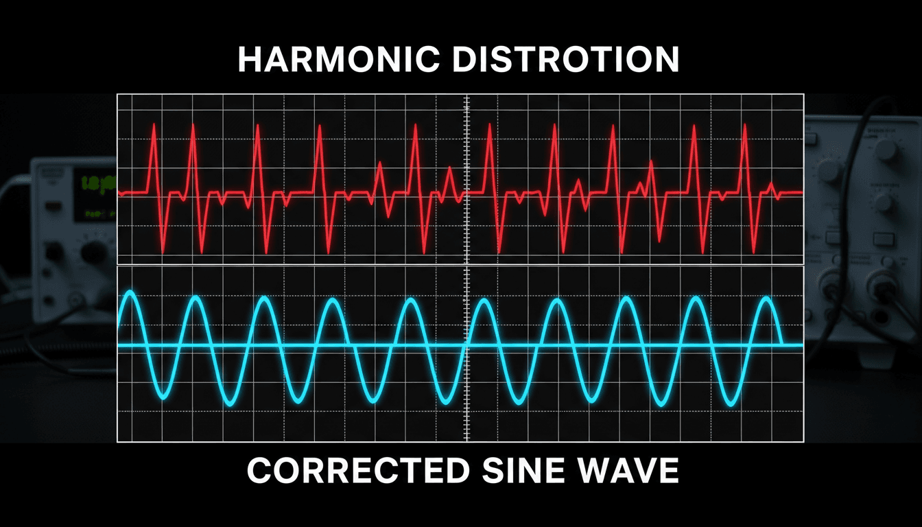 Oscilloscope display comparing distorted and corrected waveforms