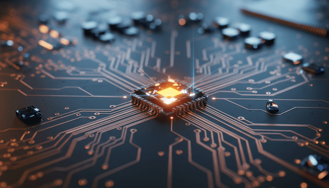 Close-up of glowing circuit board pathways and semiconductor components with precision engineering detail