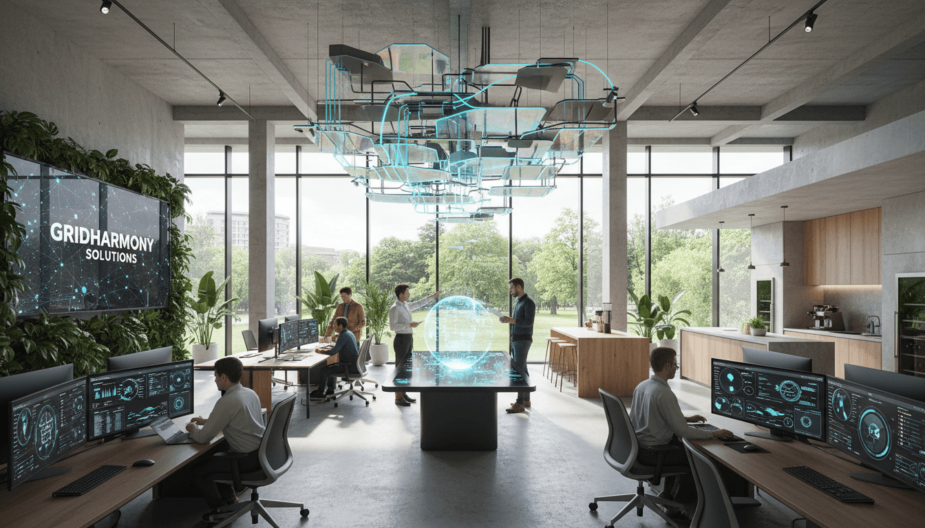 Modern startup office with energy grid tech and natural lighting.