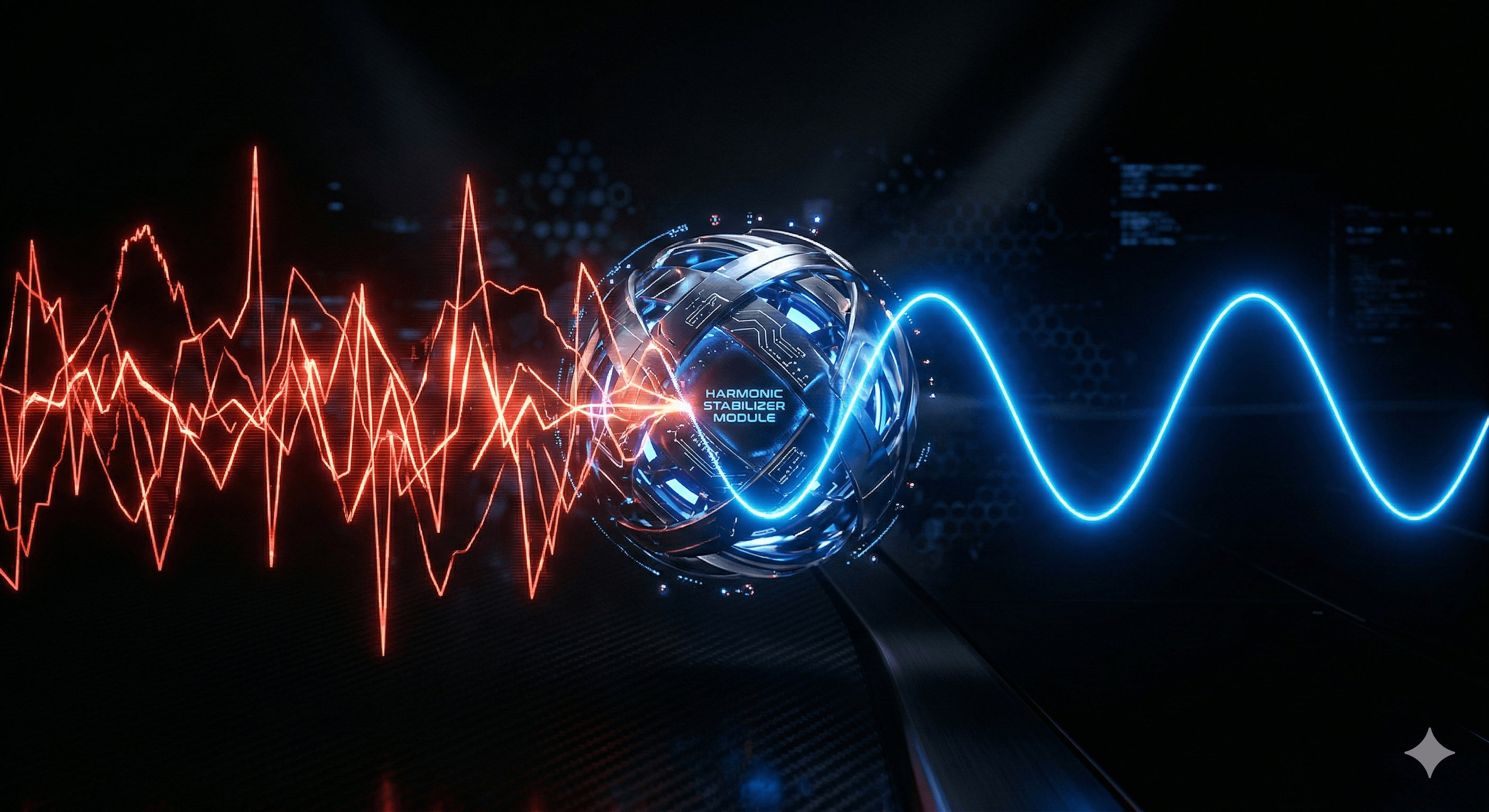 Harmonic Stabilizer Module transforming a chaotic red waveform into a smooth, stable blue sine wave.