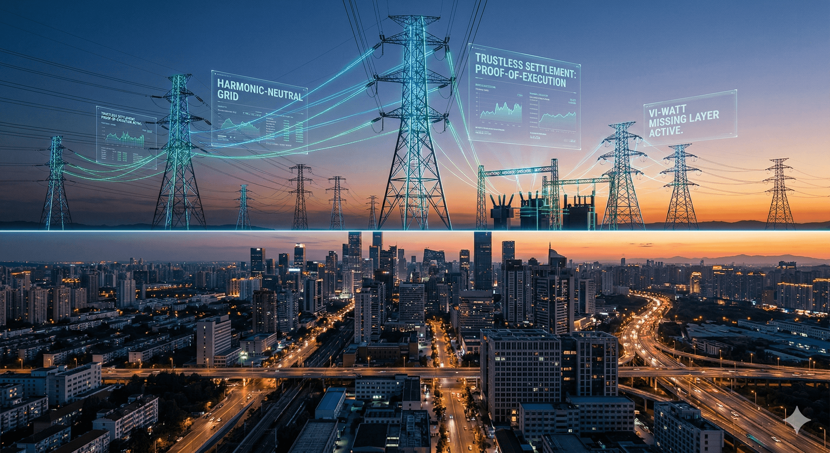 Digital data overlays on power lines above a sprawling illuminated city skyline at night.