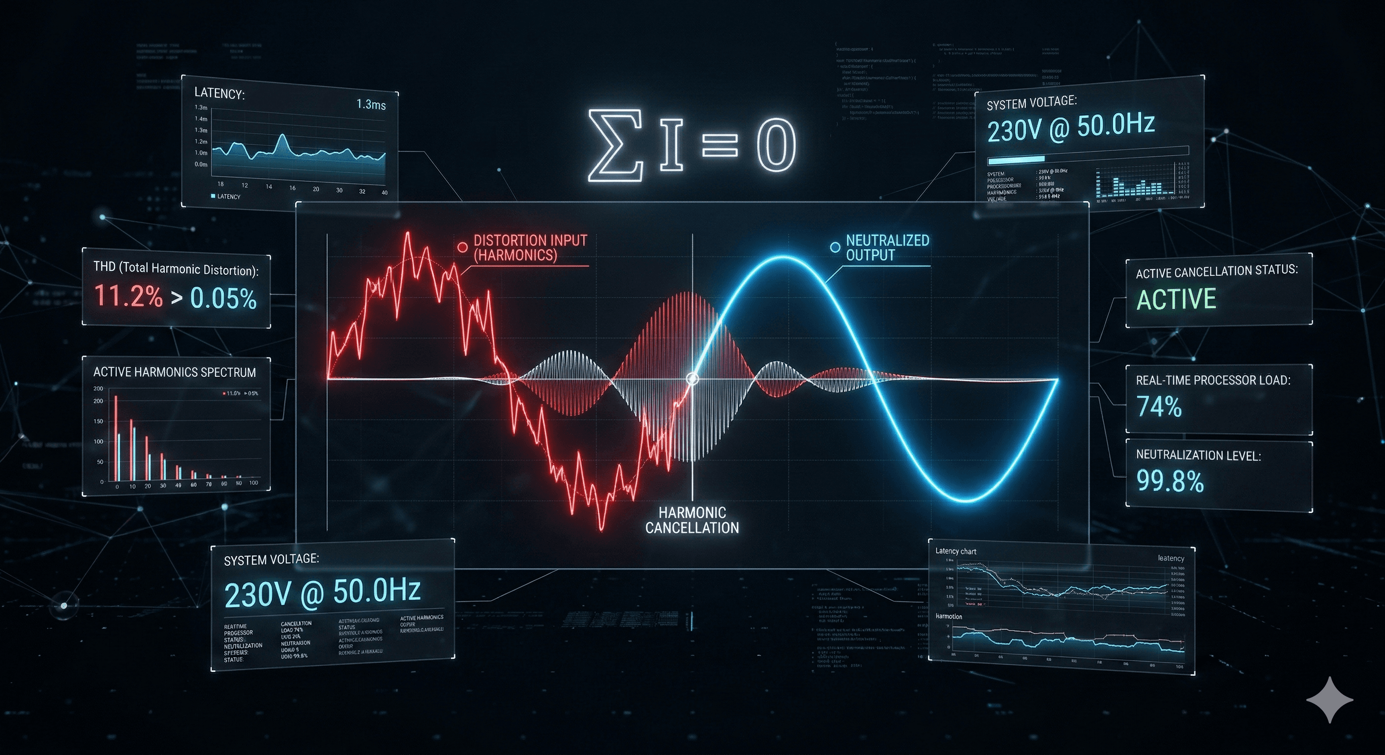 Digital dashboard showing active harmonic cancellation with jagged red input and smooth blue output waveforms.
