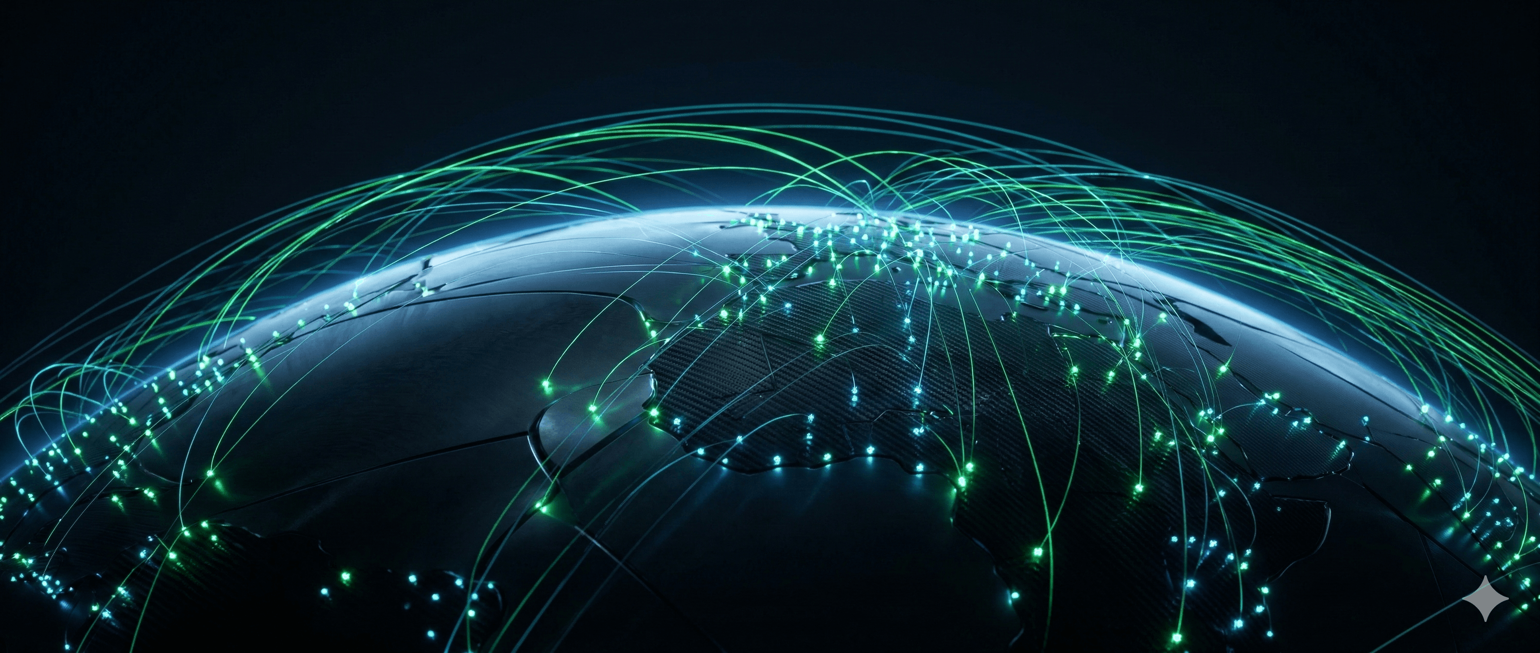 Glowing green and blue network lines connecting points across a dark, futuristic digital globe.