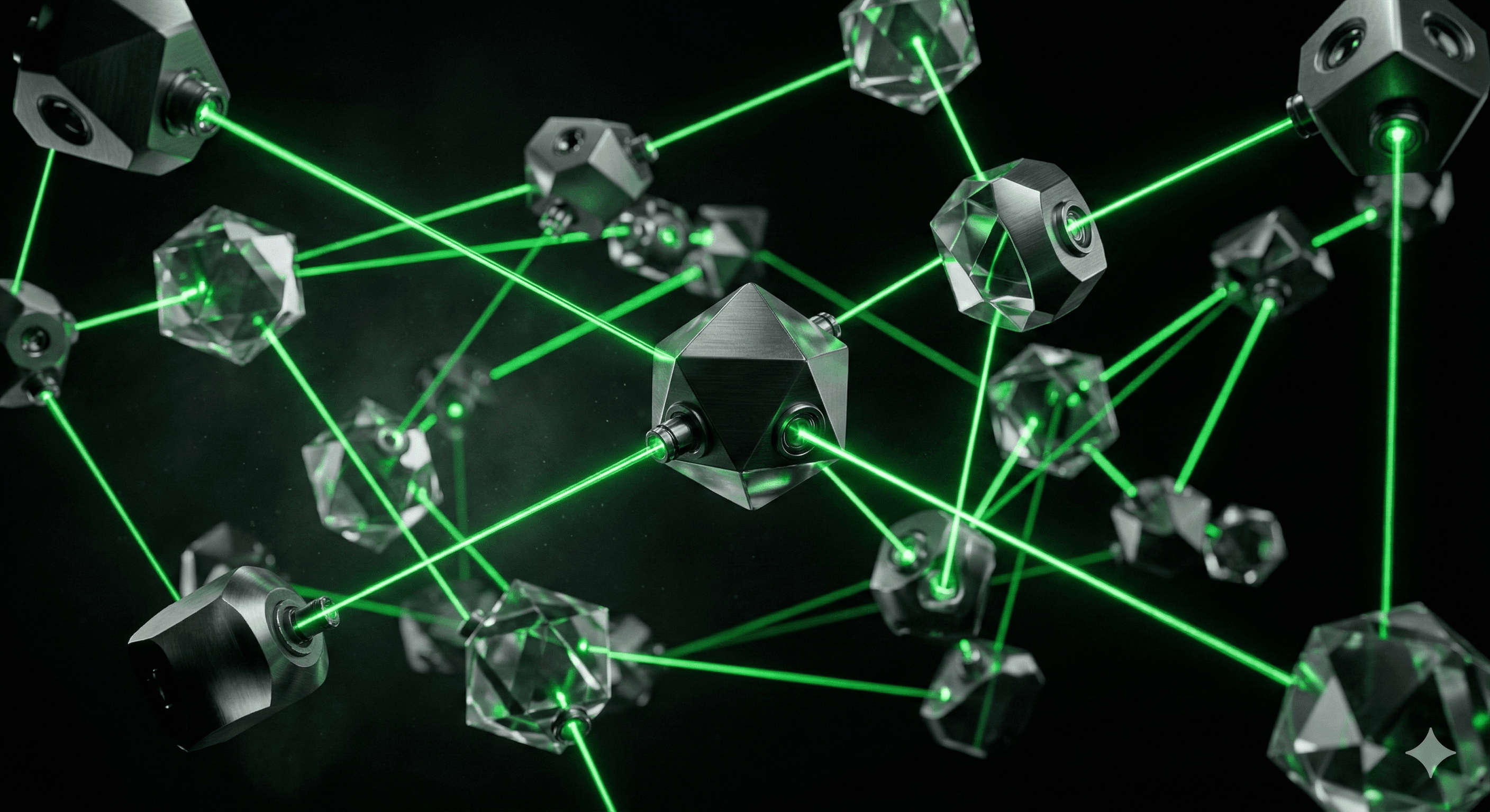 Futuristic network of metallic and glass geometric nodes connected by glowing green laser beams.
